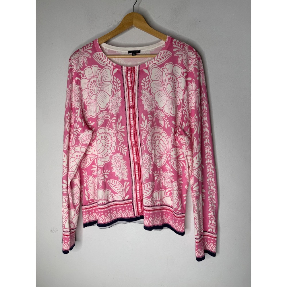 Talbots Pink White Floral Paisley Cotton Rayon Cardigan Sweater XL